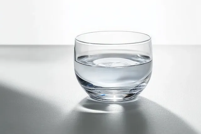 Clear water glass cup on light surface, soft shadow under minimal daylight