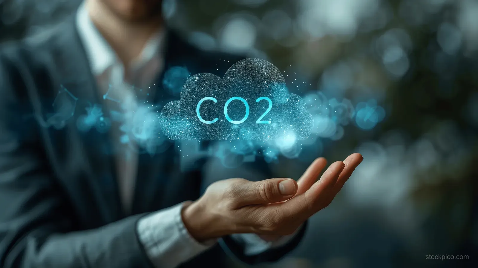 A business person’s hand holds a glowing CO2 cloud icon in front of a blurred city background.