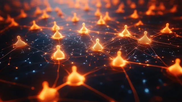 Luminous orange nodes connected by fine lines on a dark background represent digital network connectivity and data flow.