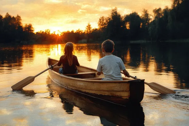 A father and two children sit in a canoe, paddling on a calm lake at sunset with warm golden light.