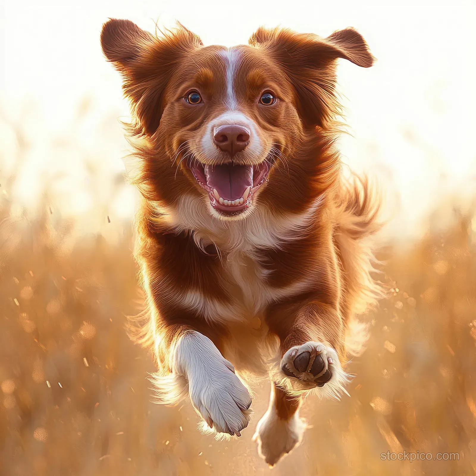 Brown and white dog running toward the camera through a sunlit grassy field with an open-mouthed joyful expression.