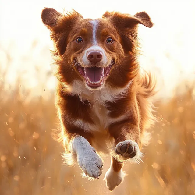 Brown and white dog running toward the camera through a sunlit grassy field with an open-mouthed joyful expression.