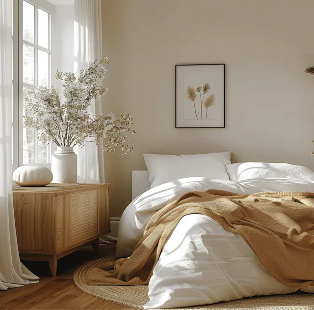White minimalist bedroom with a rumpled bed, beige throw, wooden sideboard, and sunlight streaming through a window.