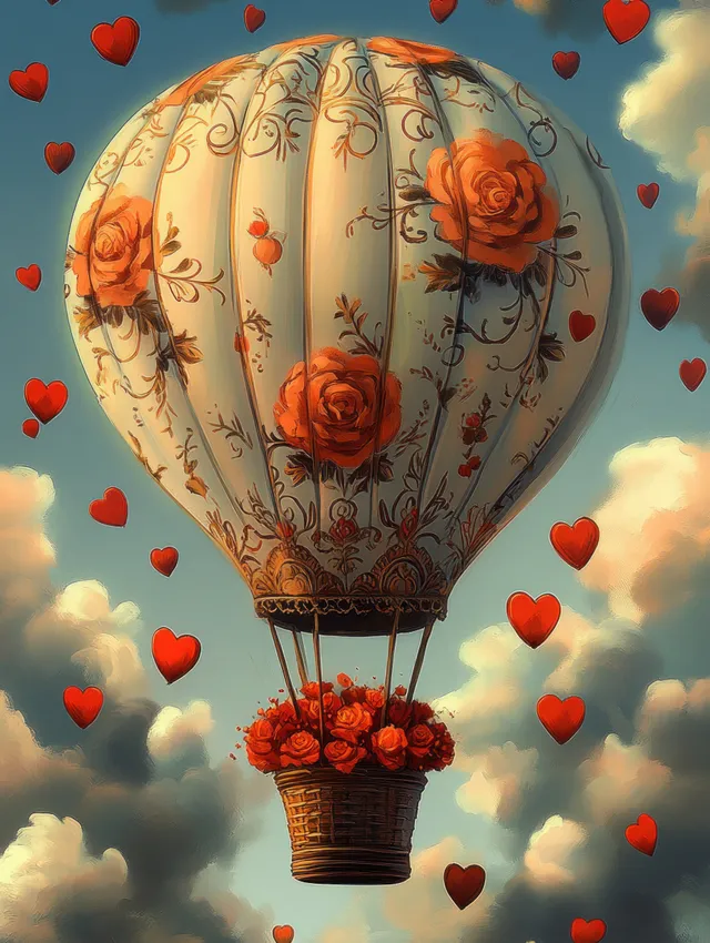 Ornate hot air balloon with rose floral designs floats above clouds surrounded by red heart balloons.