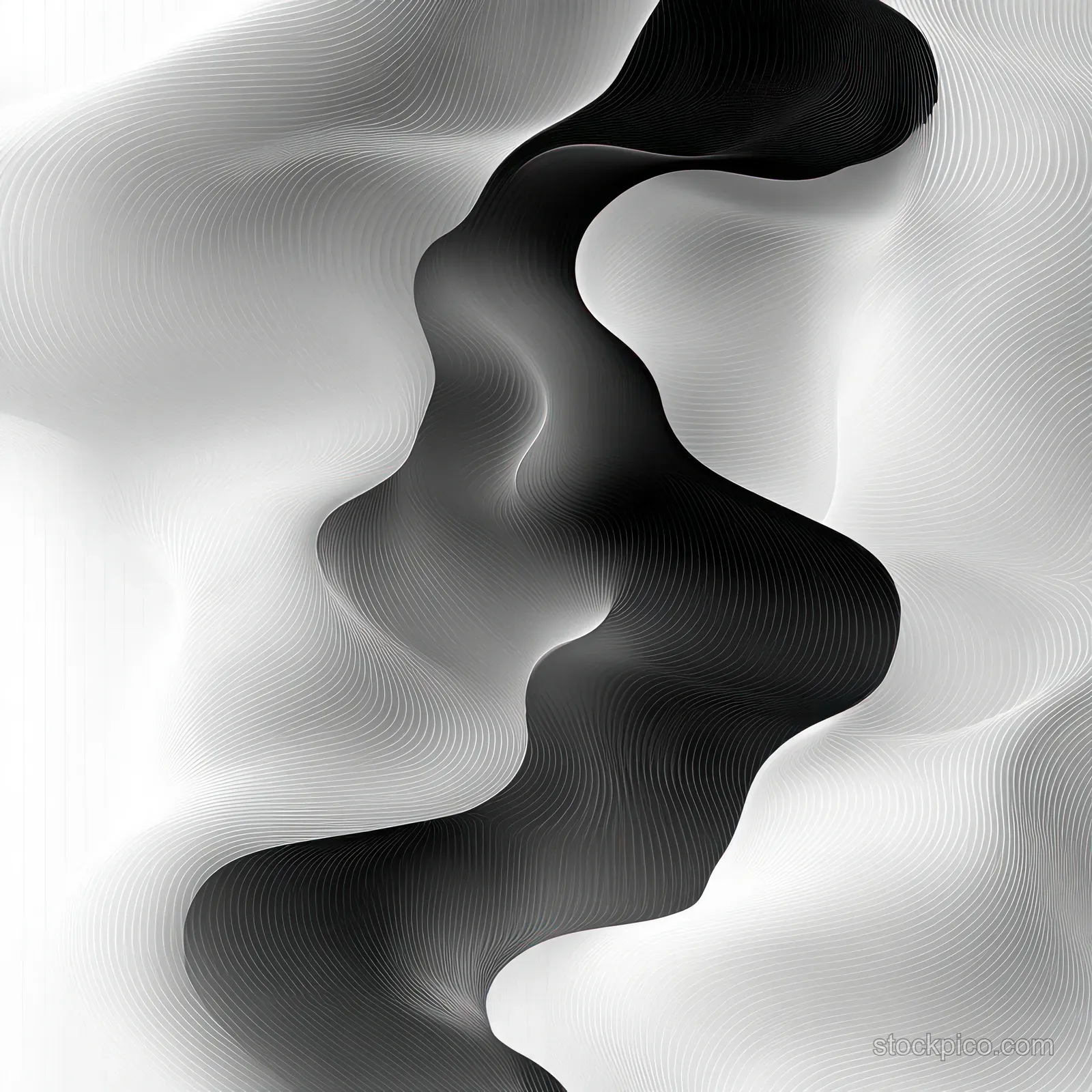 Twisting black wave-shaped forms repeat across a white seamless abstract background.