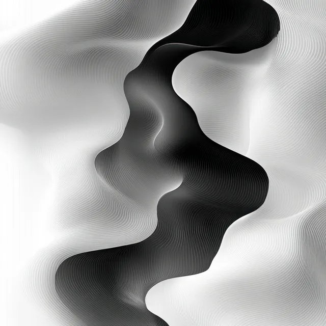 Abstract black wave sculpture shapes twisting across a white seamless background