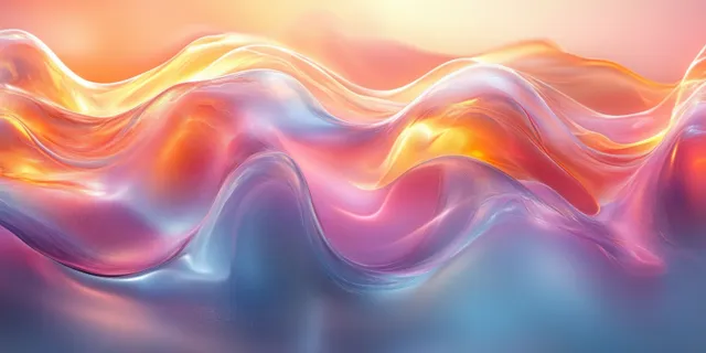 Iridescent liquid-glass waves in soft pastels with rainbow sheen and glowing reflections