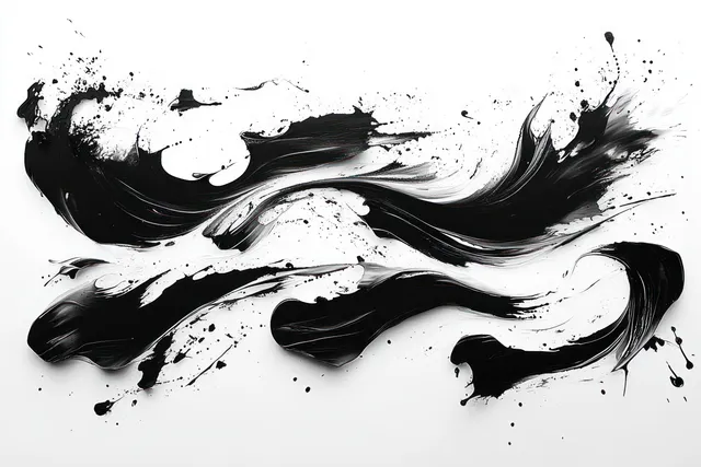 Black ink splash brush stroke sweeping across white paper with sharp splatters
