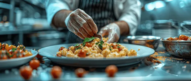 Manos enguantadas de chef decoran pasta emplatada en un plato azul en una cocina de restaurante con poca luz.