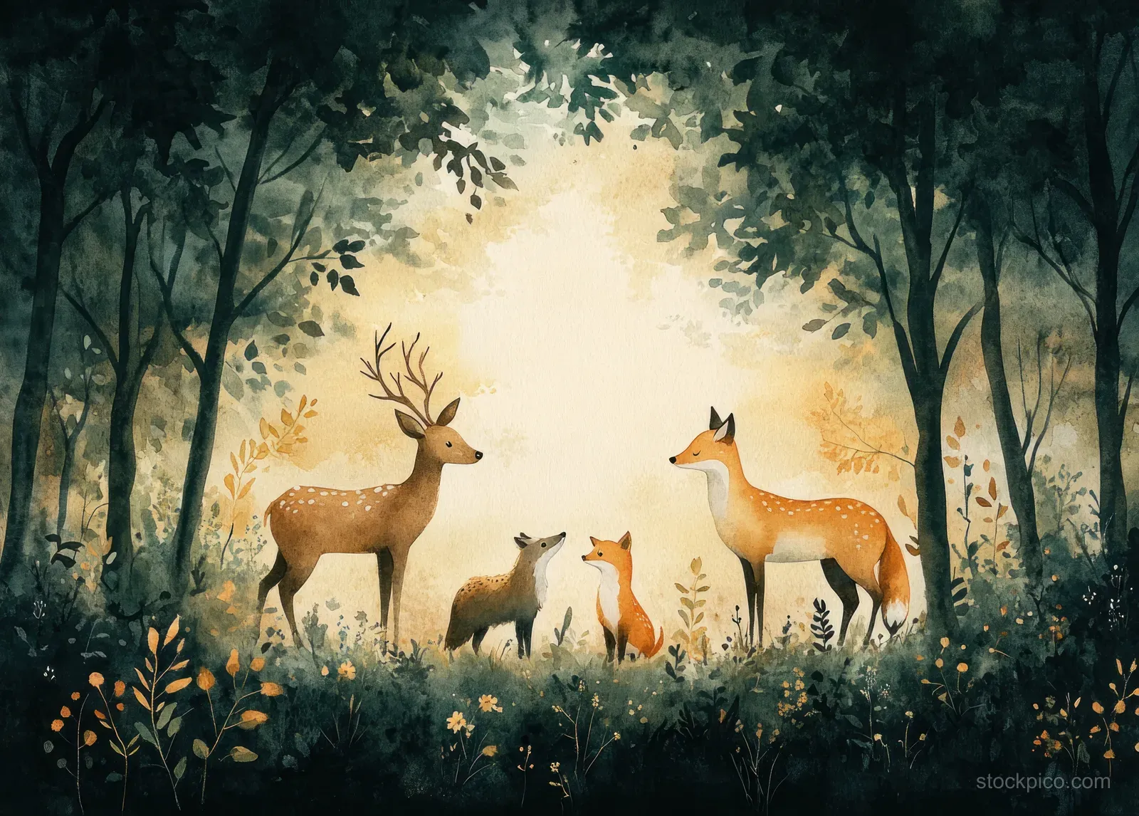 Watercolor forest animals including deer, fox, wolf, and badger surrounded by green trees and leaves.