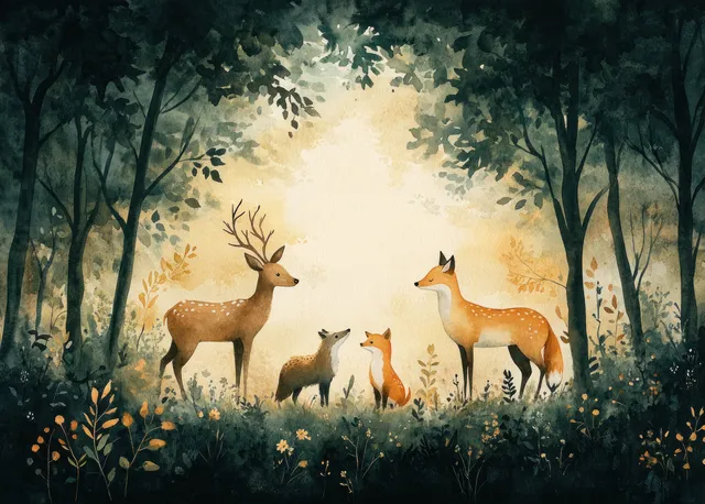 Whimsical watercolor woodland scene with deer, fox, wolf, and badger among green trees