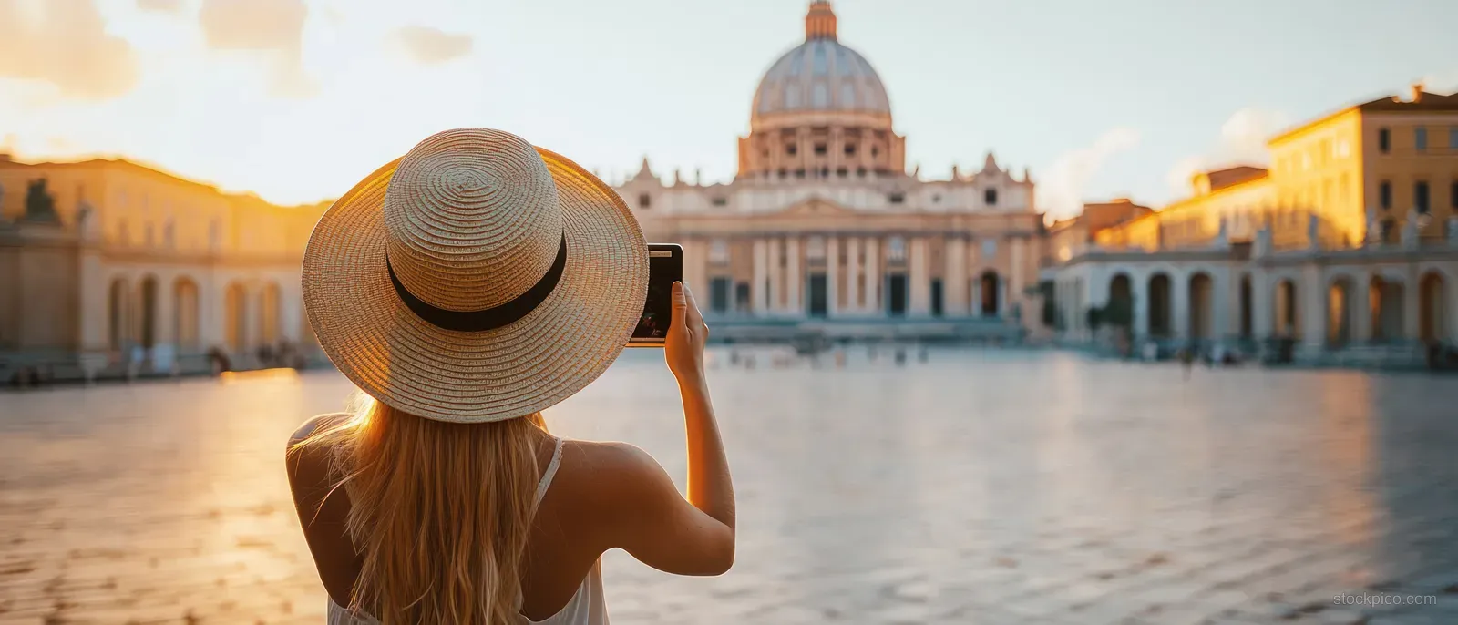 Back view of a woman in a straw hat holding up a smartphone to photograph a domed historic building at sunset.