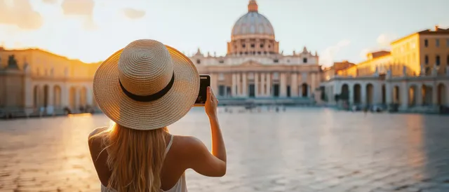 Back view of a woman in a straw hat holding up a smartphone to photograph a domed historic building at sunset.