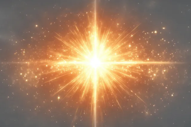 Golden starburst center sends out radiant light rays with glittering particles across a dark background.