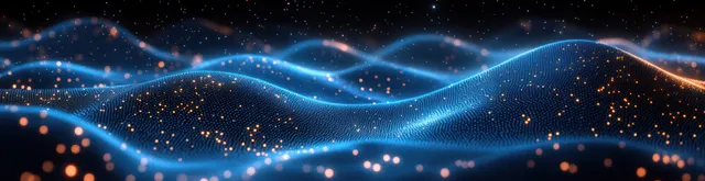 Neon blue wave lines and glowing dots form a futuristic science background with depth and hexagon-like geometry.
