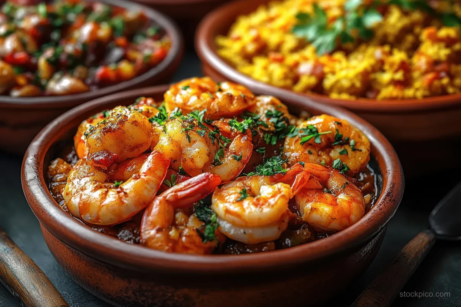 Cooked shrimp in a rustic brown bowl garnished with herbs, with blurred colorful side dishes in the background.