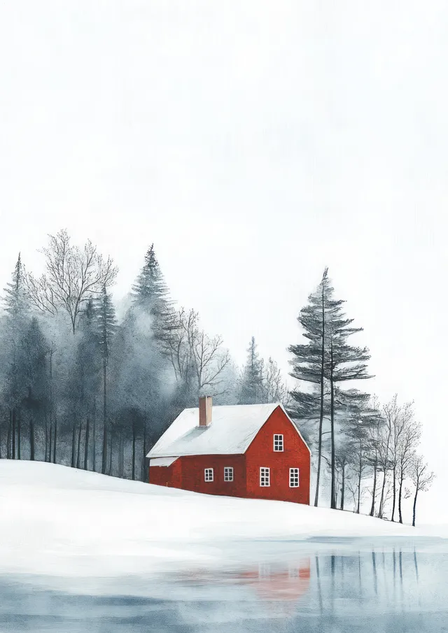 A red house rests on snowy ground beside misty pine trees in a watercolor winter landscape.