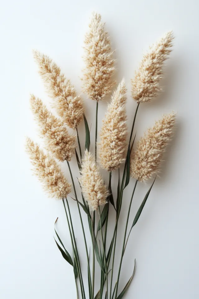 Dried grass stems in a small bunch arranged on a white background under soft natural light.