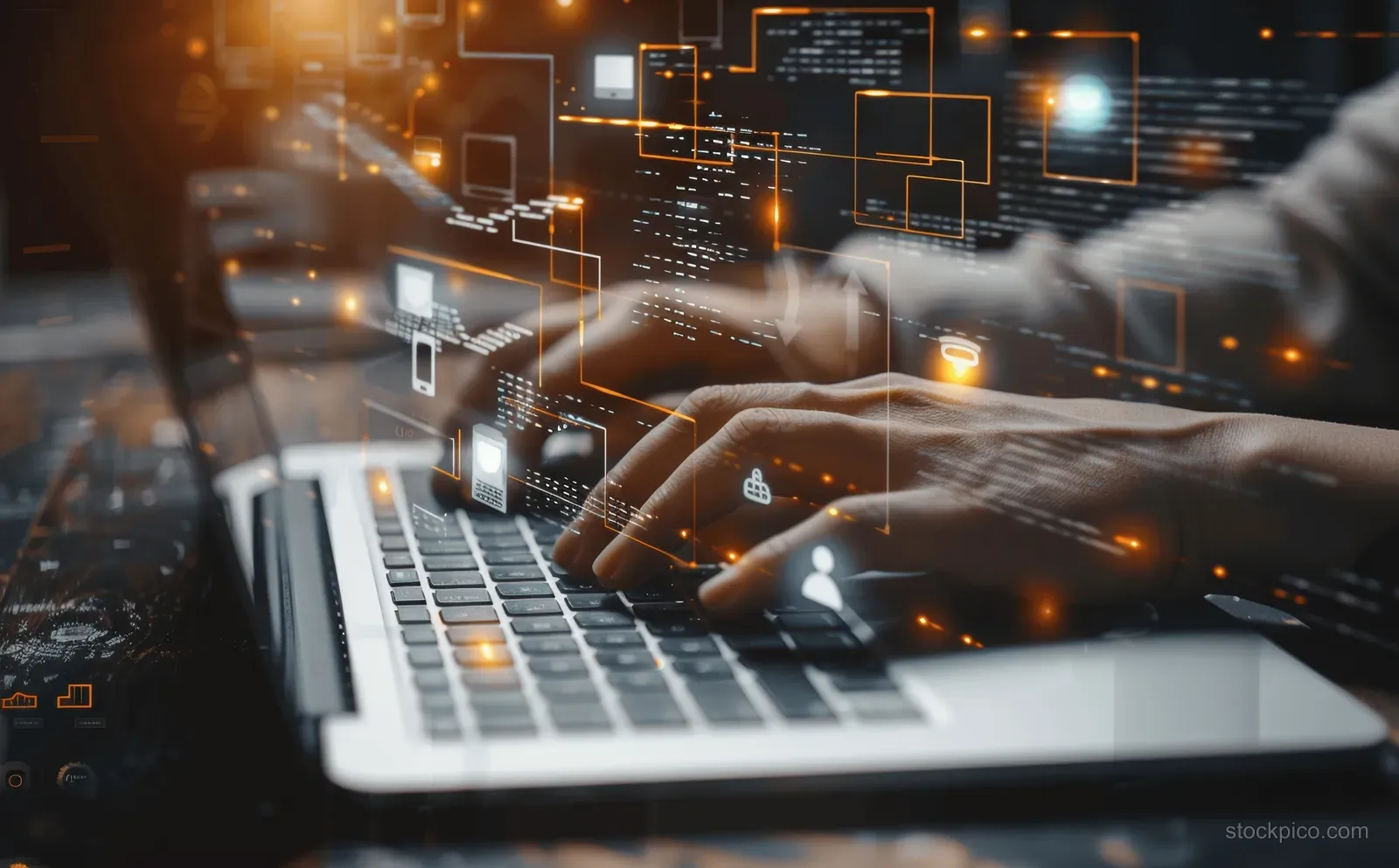 A businessman’s hands work on a laptop showing a glowing workflow automation flowchart with arrows and boxes.