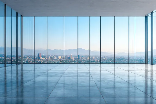Empty modern room with floor-to-ceiling windows and city mountain view
