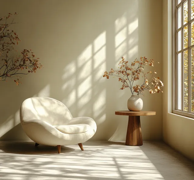 White Scandinavian armchair and small wooden side table sit in warm sunlight by a window with branching shadows.