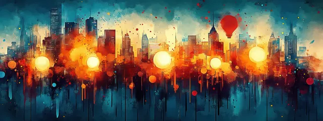 Abstract watercolor skyline with glowing lights, orange blue gradients, and ink splatter patterns across the background.