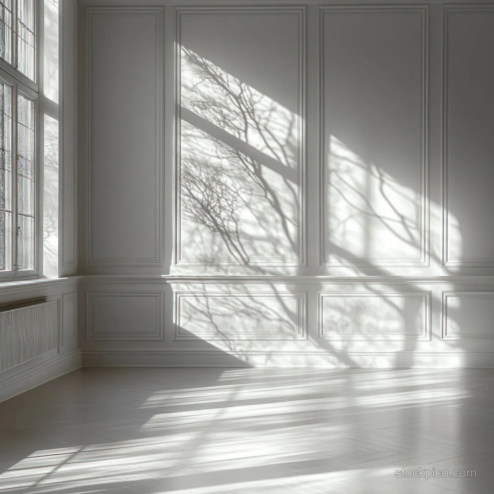 Sunlit empty room where window light casts intricate tree-branch shadows over white paneled walls and a wooden floor.