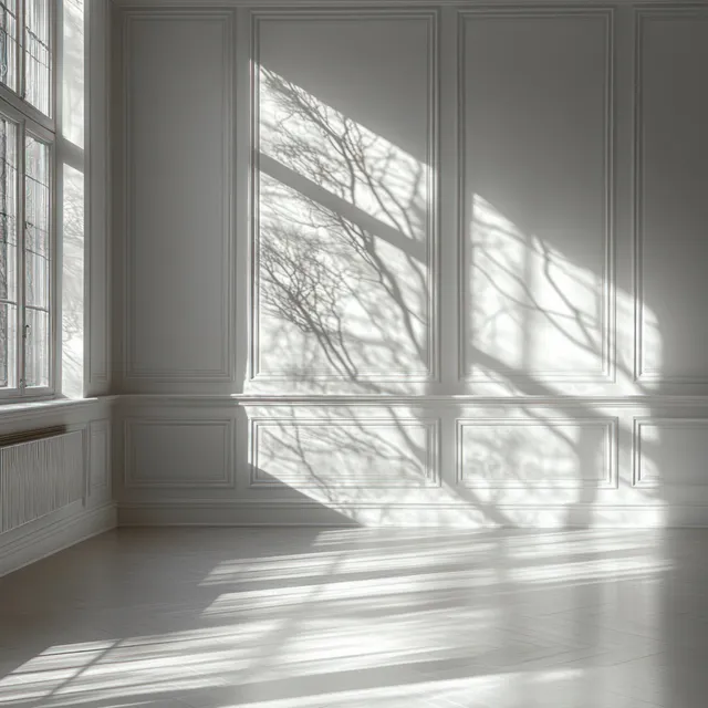 Sunlit empty room where window light casts intricate tree-branch shadows over white paneled walls and a wooden floor.