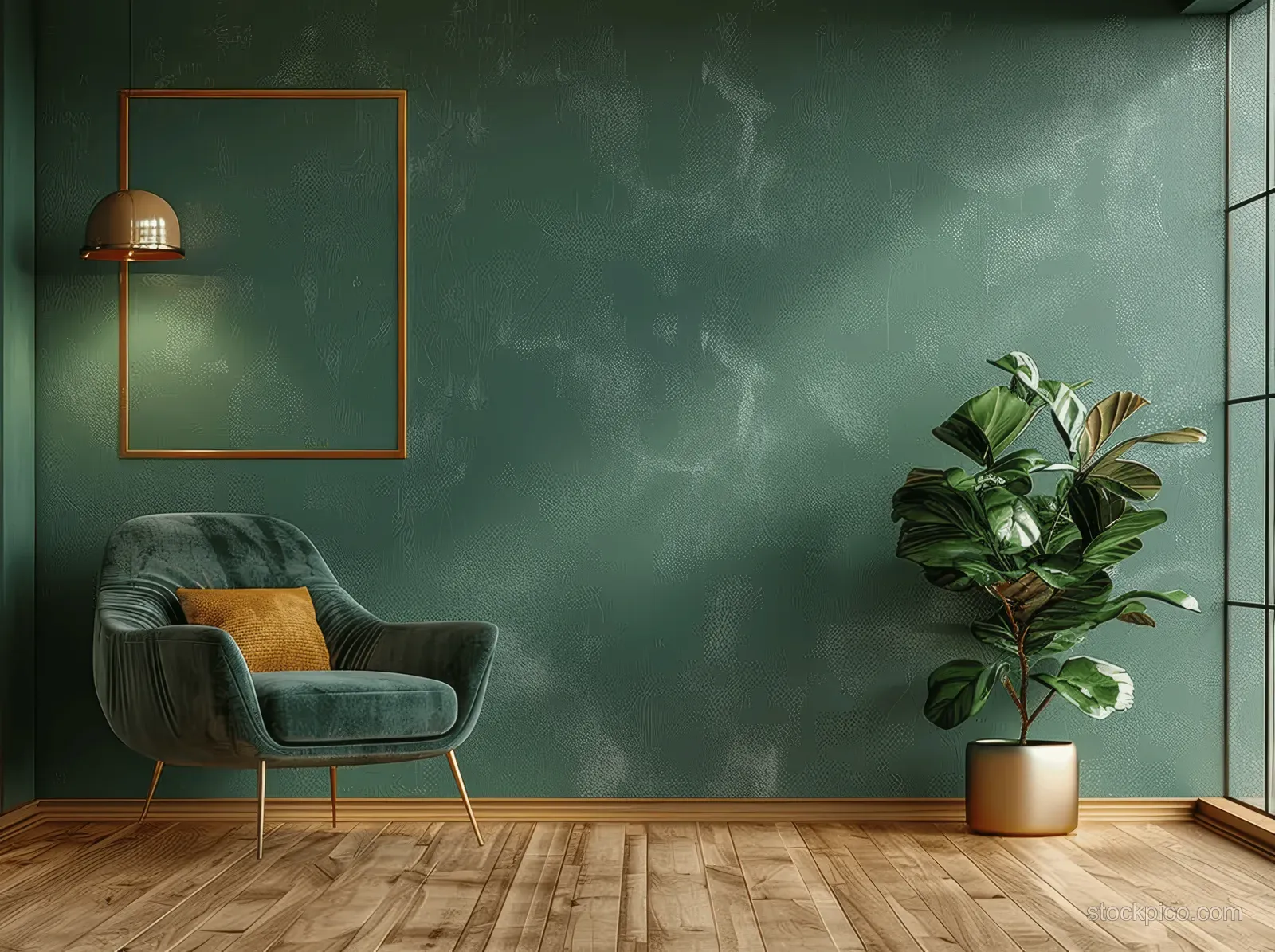 Minimalist living room showing a green armchair, floor lamp, wooden planks, and a potted plant against a dark green wall.