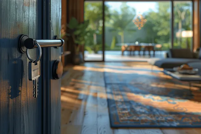 Keys hang from an apartment door handle while a sunlit kitchen dining area sits blurred in the background.