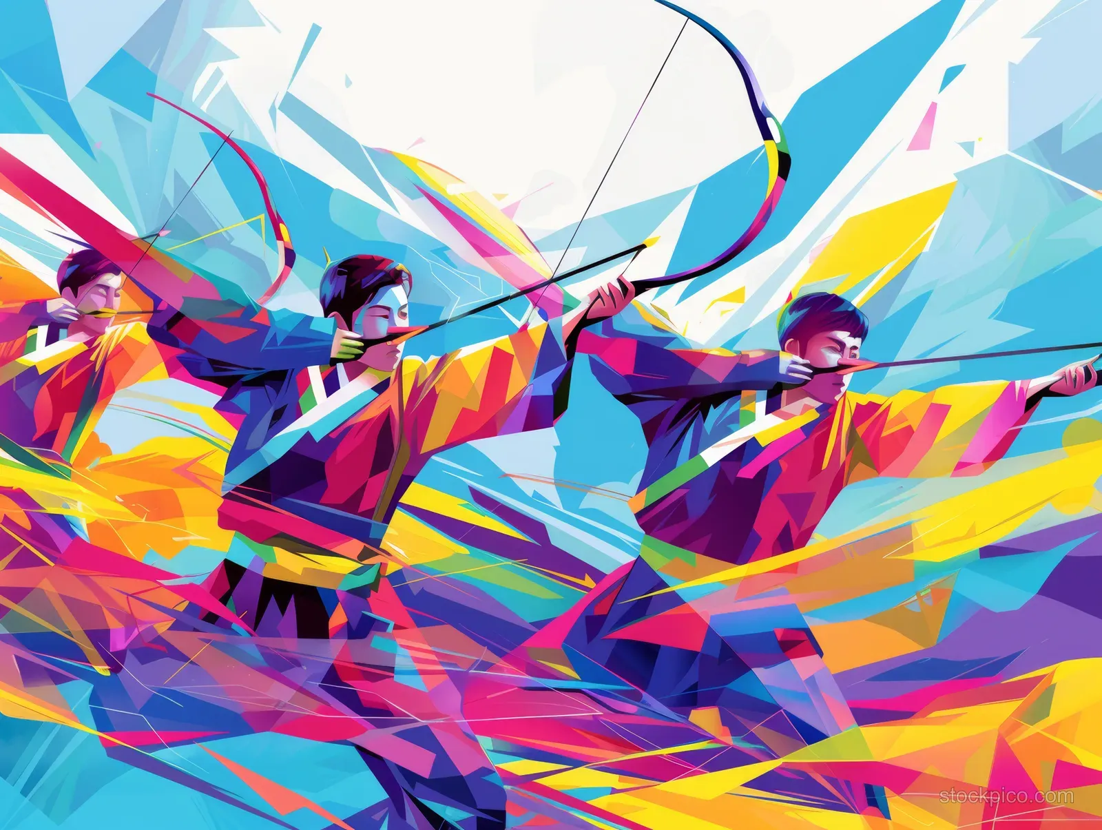A vibrant abstract illustration showcases a South Korean archery team with bold colors and dynamic geometric shapes.