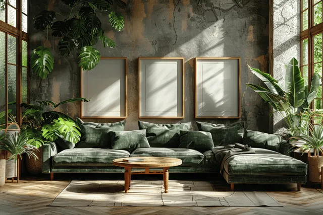 Cozy living room with green sofa, indoor plants, and sunlit large windows