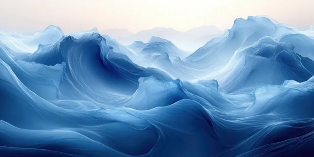 Abstract blue wave landscape background with misty layers and soft flowing curves