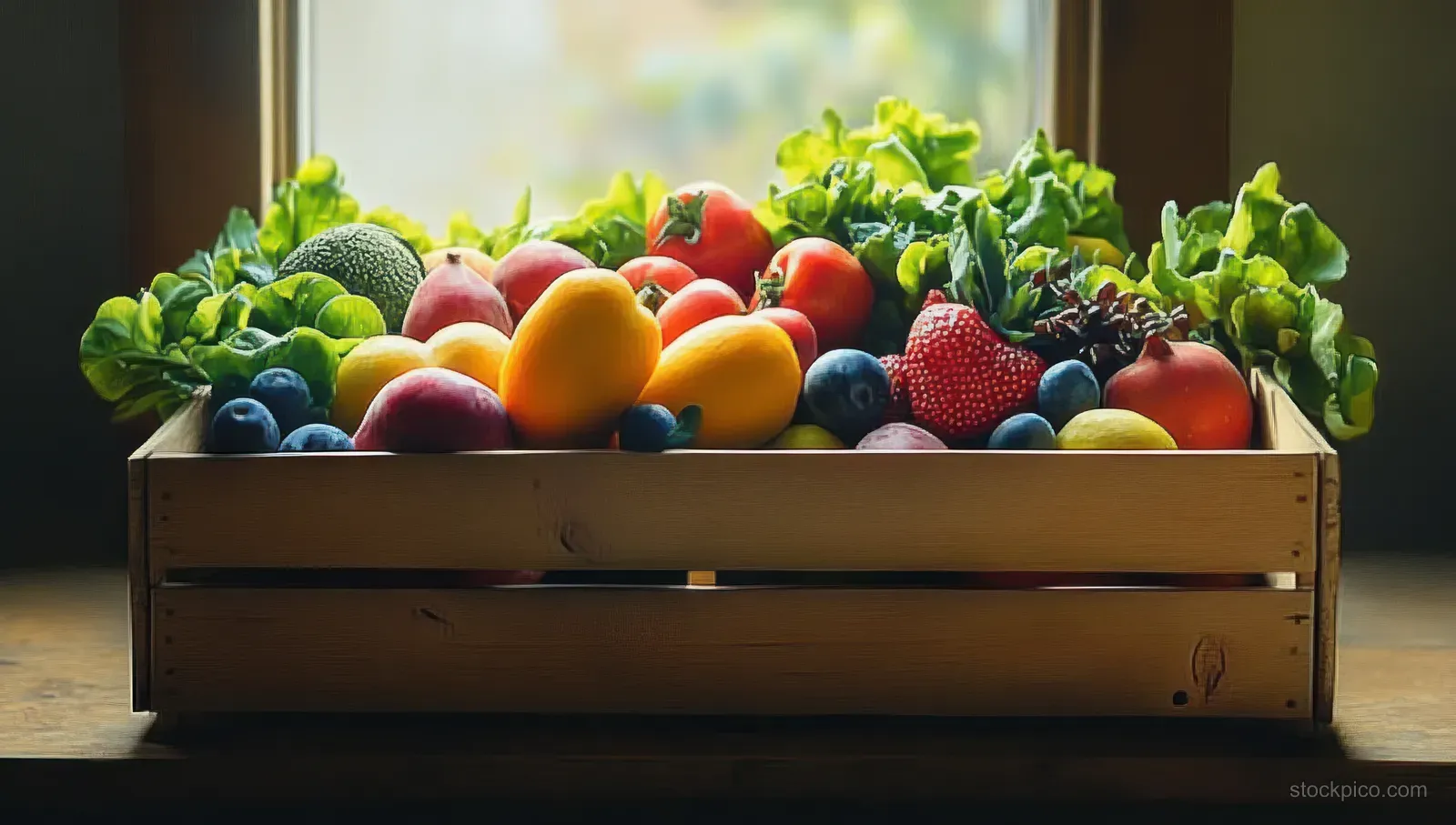 Rustic wooden crate filled with colorful fruits and leafy greens on a table in soft window light.