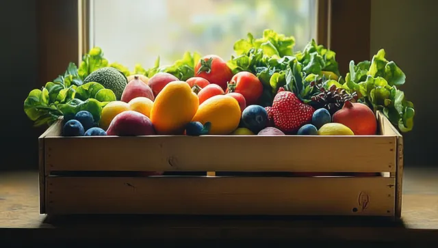 Rustic wooden crate filled with colorful fruits and leafy greens on a table in soft window light.