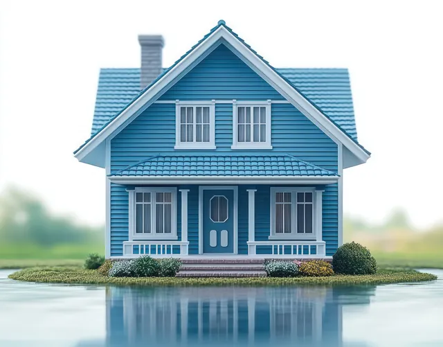 A blue wooden house with white trim and porch stands on a grassy island with calm water reflections.