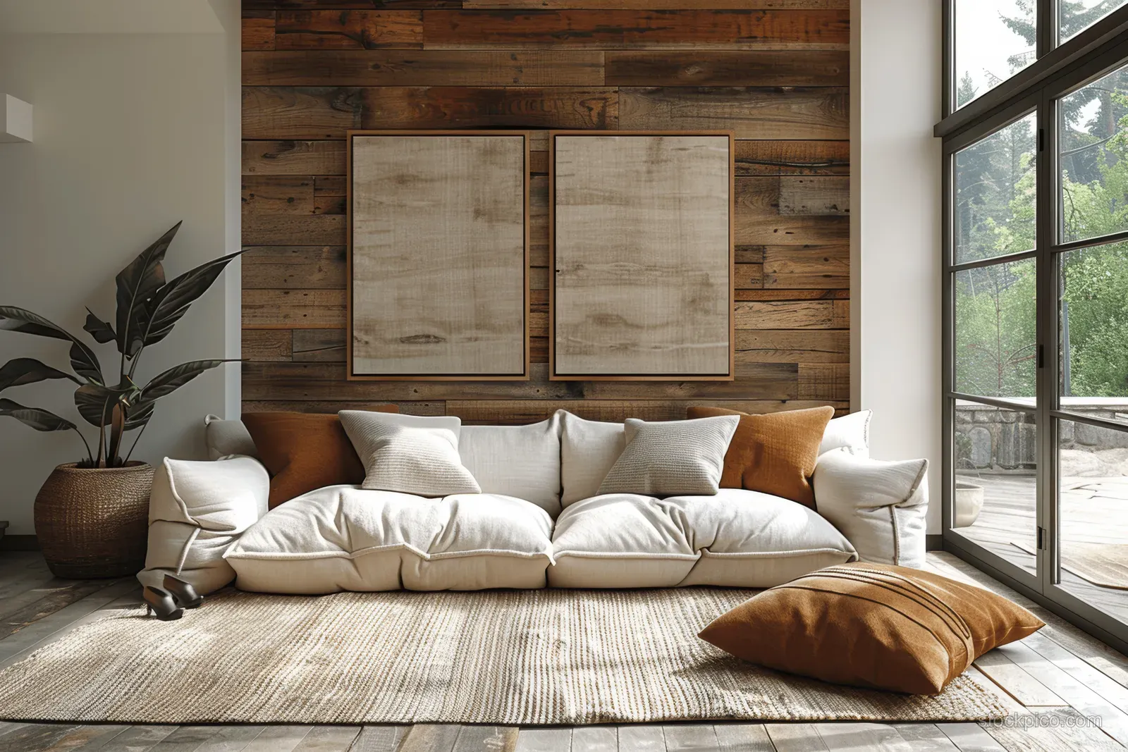 Beige sofa sits against a warm wooden wall under daylight from tall windows with minimal decor accents.