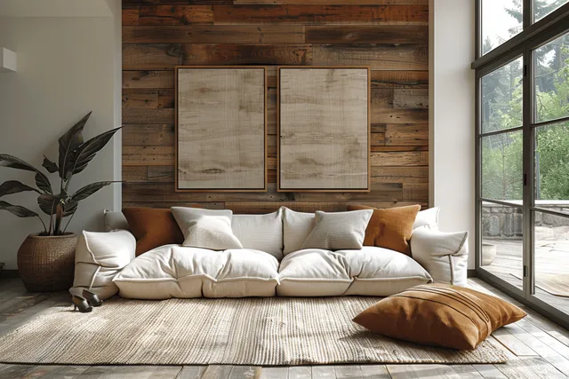 Beige sofa sits against a warm wooden wall under daylight from tall windows with minimal decor accents.