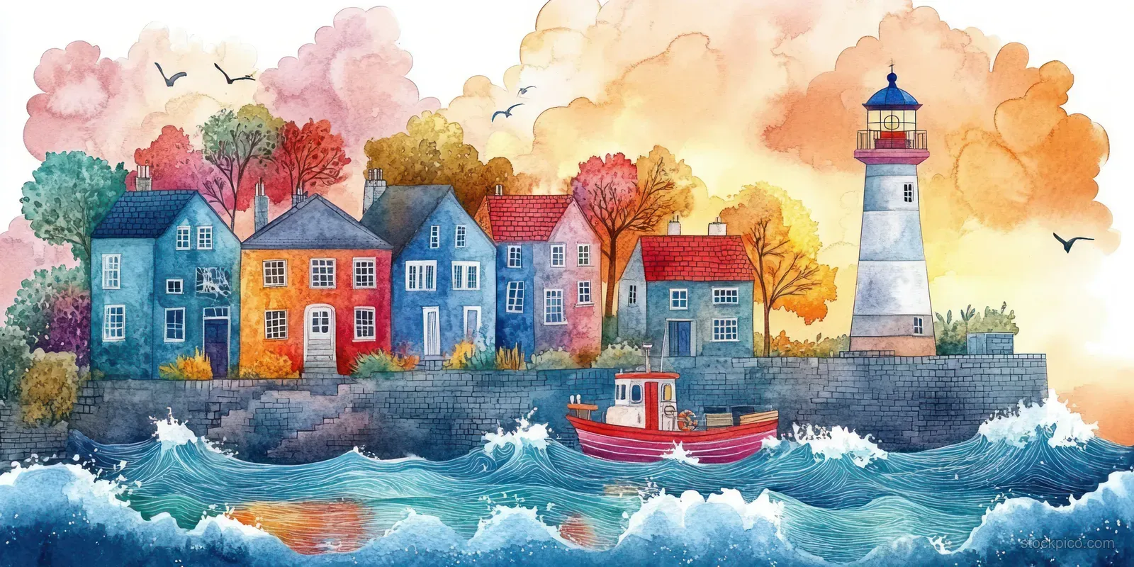 Watercolor coastal village with colorful houses, rolling ocean waves, and a lighthouse next to a small boat at sunset.
