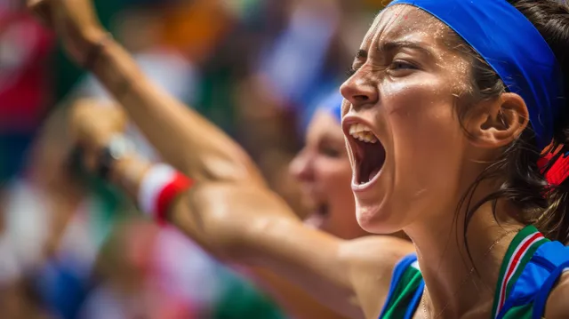 Italian women celebrate an intense victory in a doubles bronze medal match, showcasing fierce expressions and crowd excitement.
