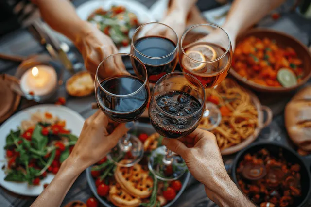 Friends clink red wine and toast with glasses above a BBQ dinner table in a summer backyard.