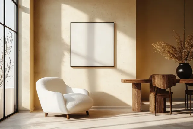 White armchair beside a framed wall print in a warm yellow Scandinavian living room with a wooden dining table.
