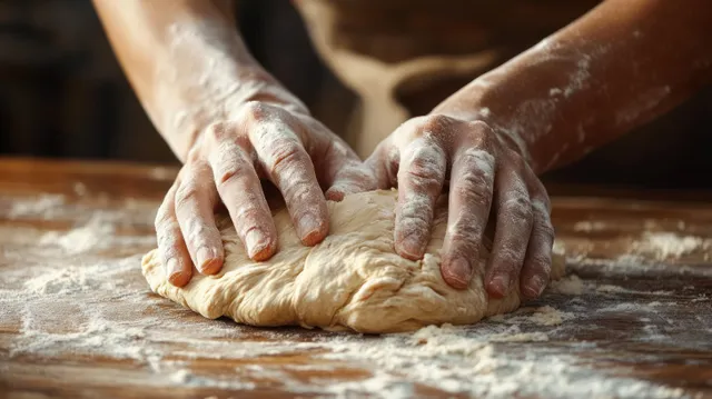 Hands kneading raw bread dough on a floured wooden board, flour dust visible
