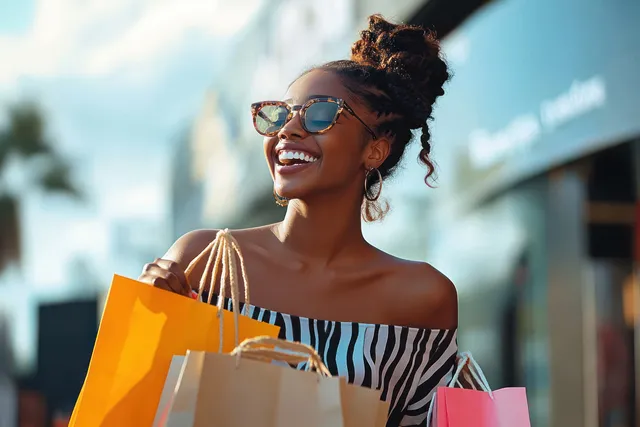 Joyful young woman in sunglasses holding colorful shopping bags in sunny urban street scene