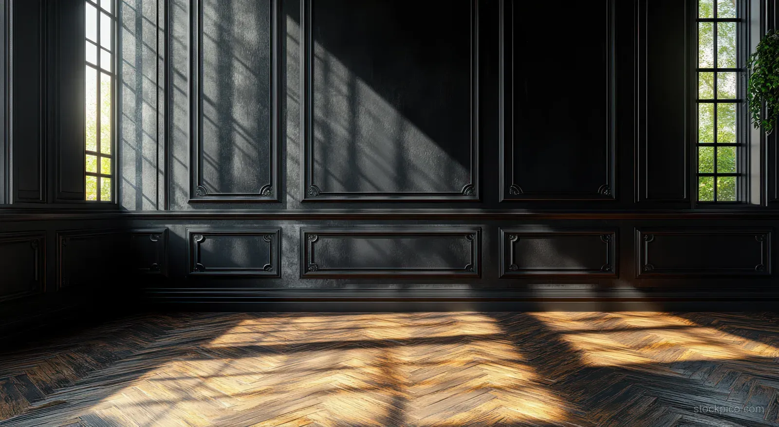Dim black interior room with carved wall panels, bright window light, and herringbone wooden floor.