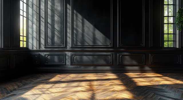 Black interior room with ornate panel moldings and warm herringbone wooden floor