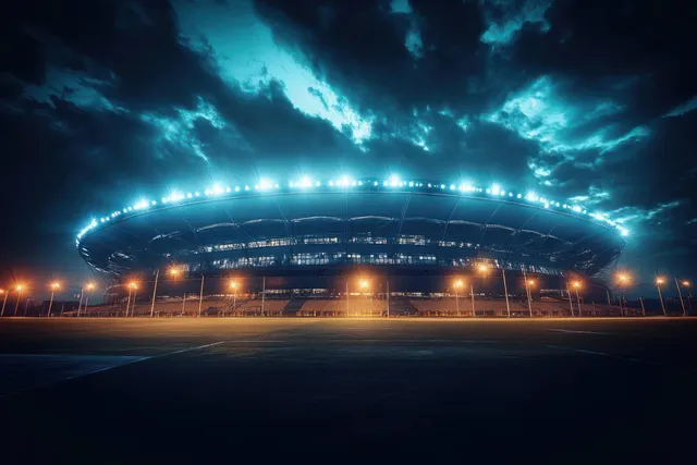 Modern stadium exterior at night with bright floodlights and a dramatic dark sky with storm clouds.