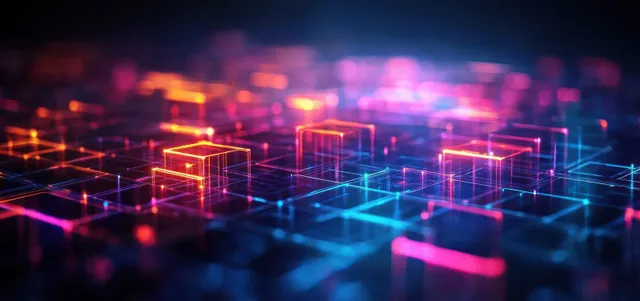 Neon glowing transparent cubes float over a dark cyberpunk grid network with colorful data light trails.