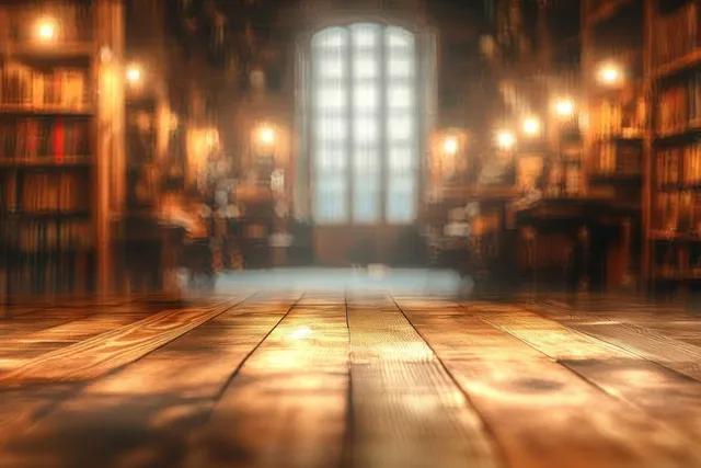 Warm wooden floor in cozy library with blurred glowing bookshelves