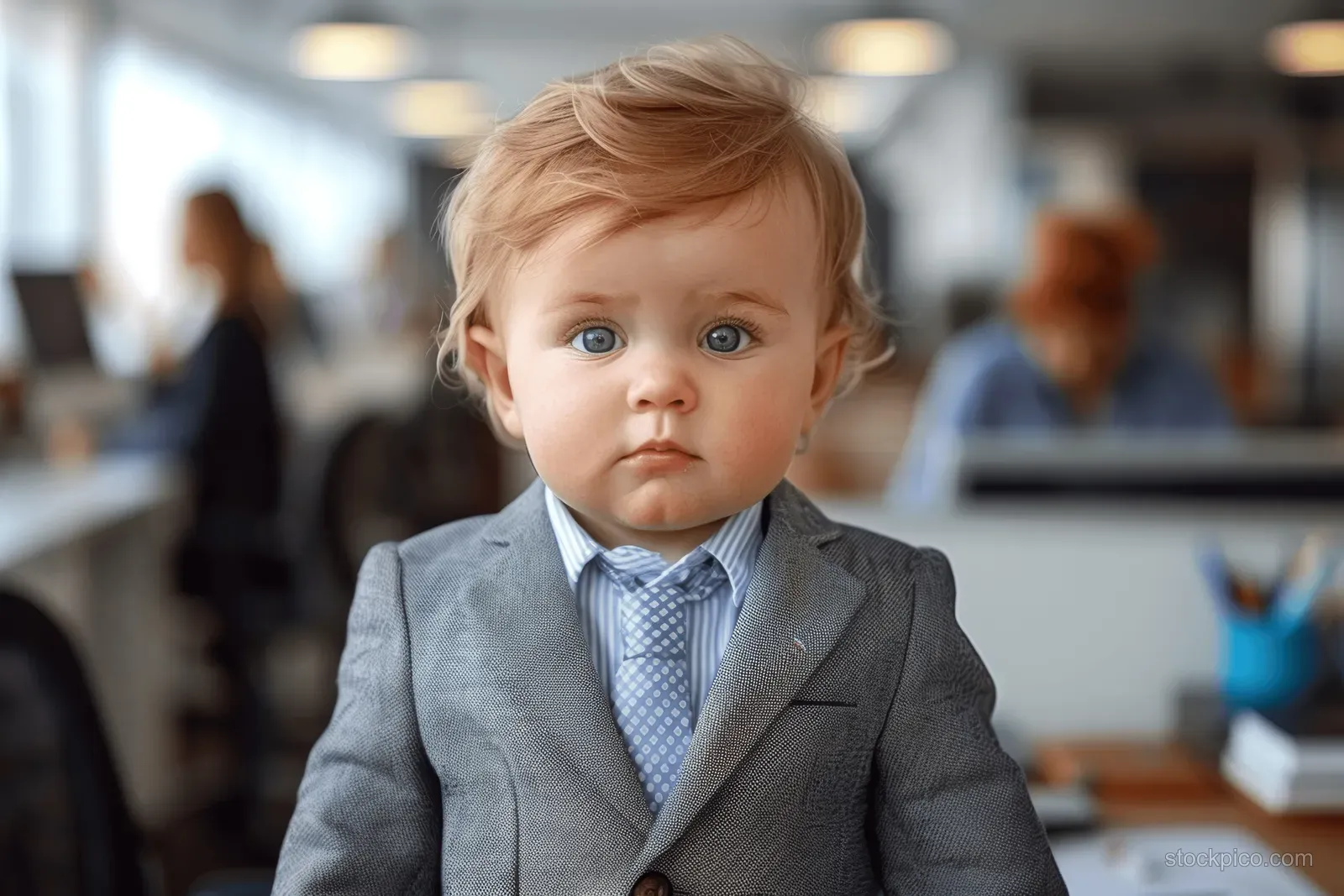 Baby in a small business suit sits at an office desk with blurred coworkers behind.